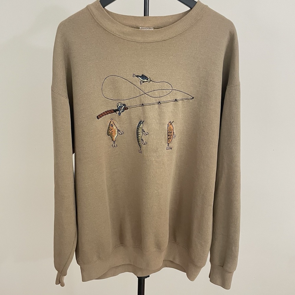 Vintage 90s B-Wear Fishing Lures Embroidered Crewneck Sweatshirt Large Tan USA